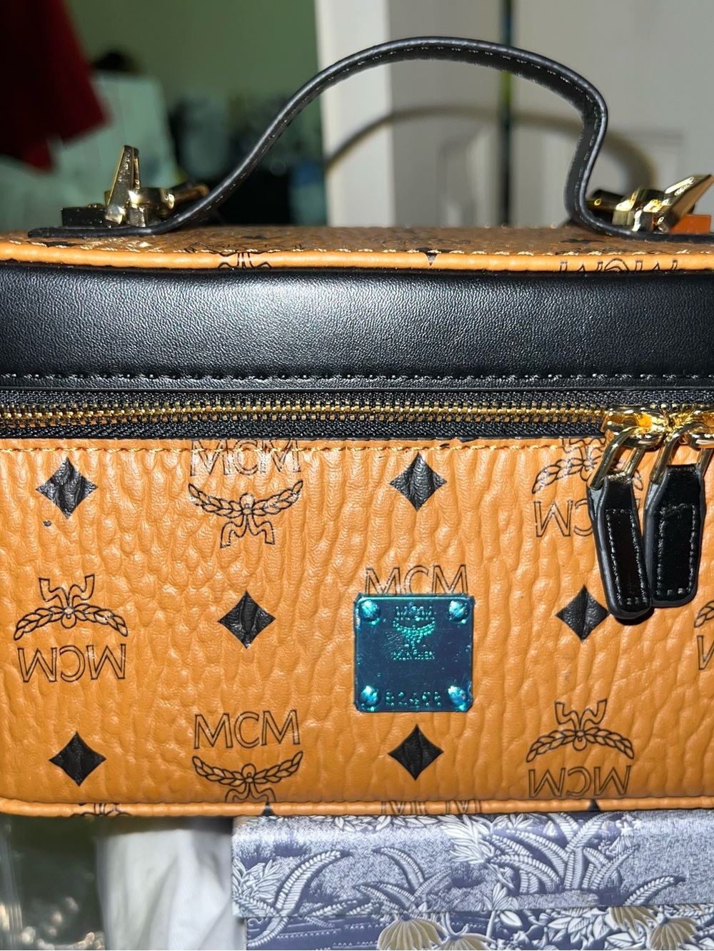 Cognac Visetos Leather Top Handle Bag with Black Trim
